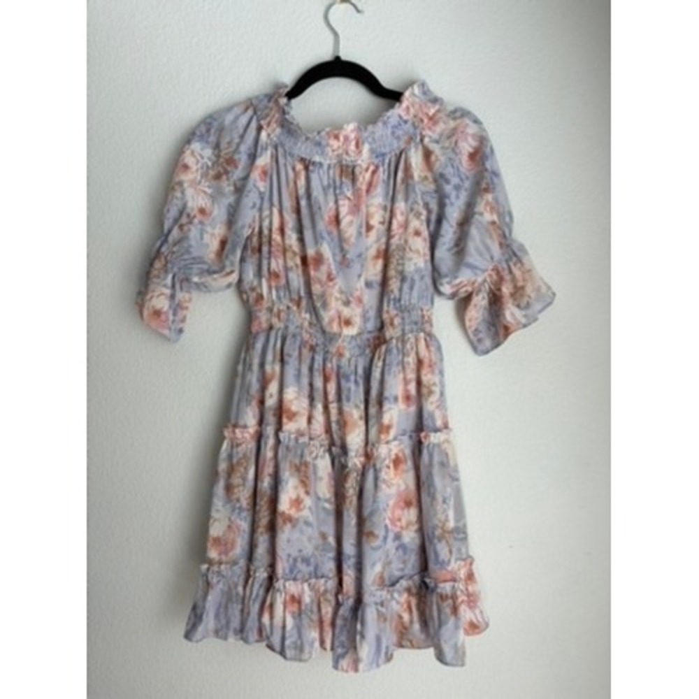 Amaryllis Floral Smocked Mini Dress Lavender Peach Cottagecore Puff Sleeve Small